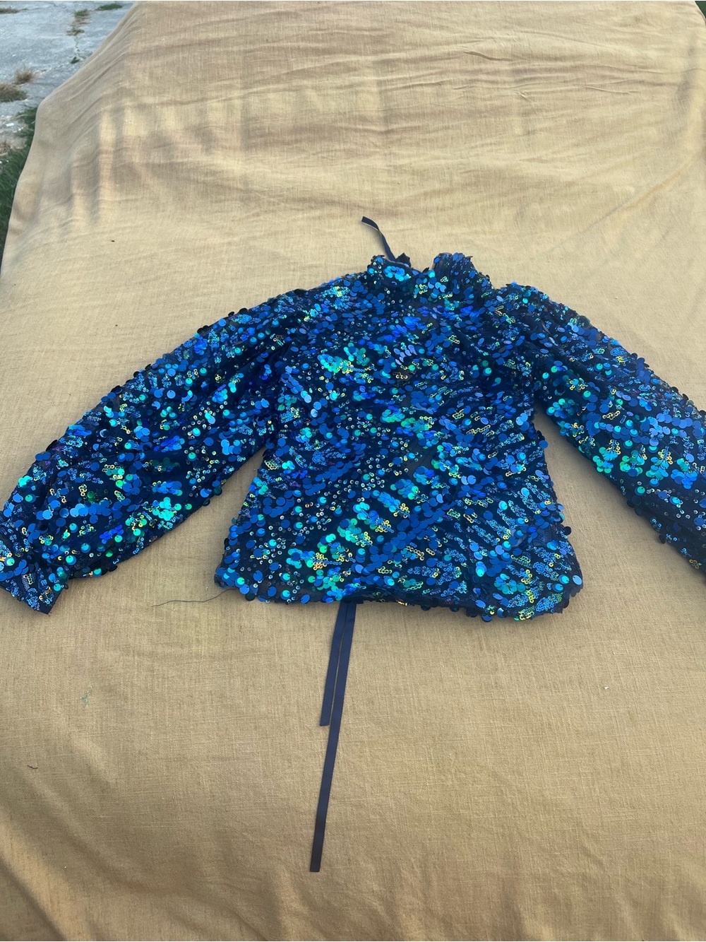 AKIRA Confetti Ling Sleeve Mock Neck Blouse Blue Iridescent Sequins Fairy Size L